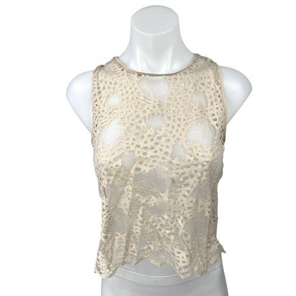 Zara Cream White Eyelet Lace Sleeveless Crew Neck Sheer Cover Up Crop Tank Top S - Picture 1 of 5